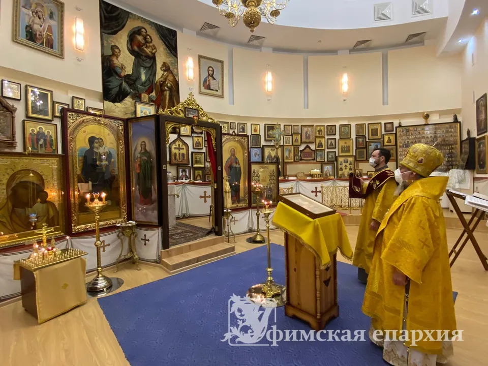 Общий вид зала домового храма: слева иконостас, справа — стена с иконами разных размеров и киотами, наверху световой купол и паникадило